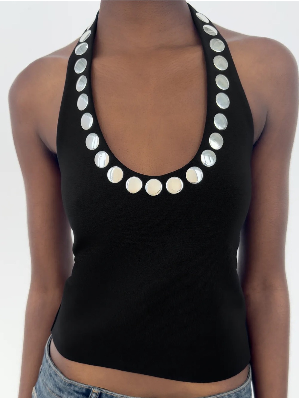 Zara Black Halter Tank Top with Silver Disc Trim